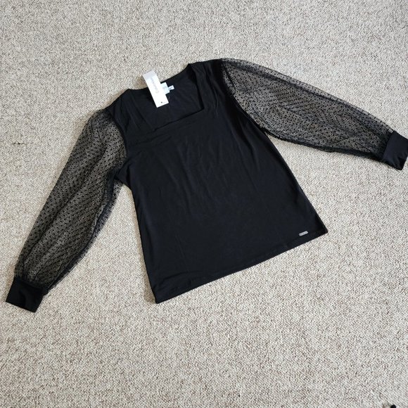 NWT Calvin Klein Black Long Sleeve Sheer Mesh Polka Dot Blouse Size M - Picture 4 of 9